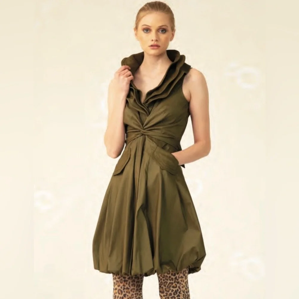 Samuel Dong Gold Triple Collar Sleeveless Bubble Dress Small Metallic Olive - Picture 1 of 12